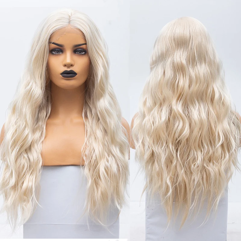 

RONGDUOYI High Temperature Fiber Hair Natural Wave Middle Part Long Cosplay Lace Wig Blonde Synthetic Lace Front Wigs For Women