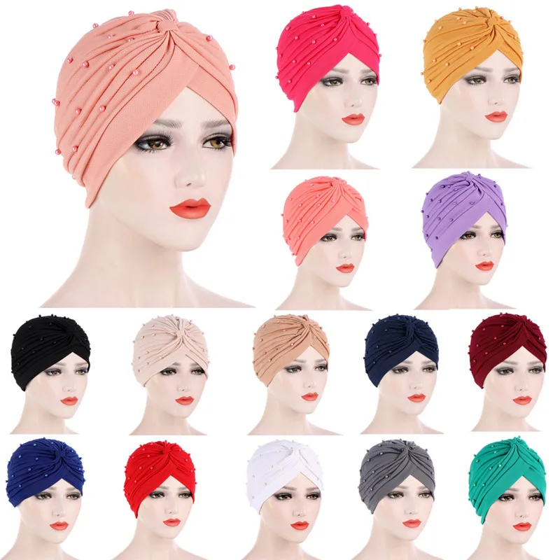 2020 코튼 솔리드 폴드 진주 이슬람 터번 스카프 여성 이슬람 내부 hijab 모자 아랍 랩 헤드 femme musulman turbante mujer