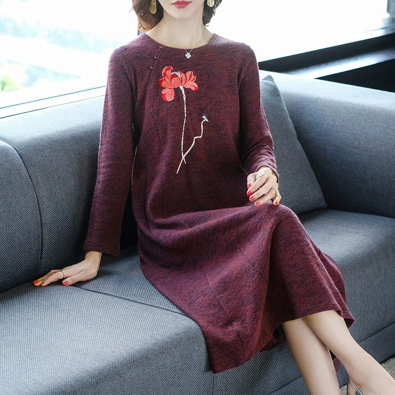 

Dress Women's Autumn And Winter Loose-Fit Europe And America Mid-length over-the-Knee Long Sleeve Printed Base Underwear Sweater