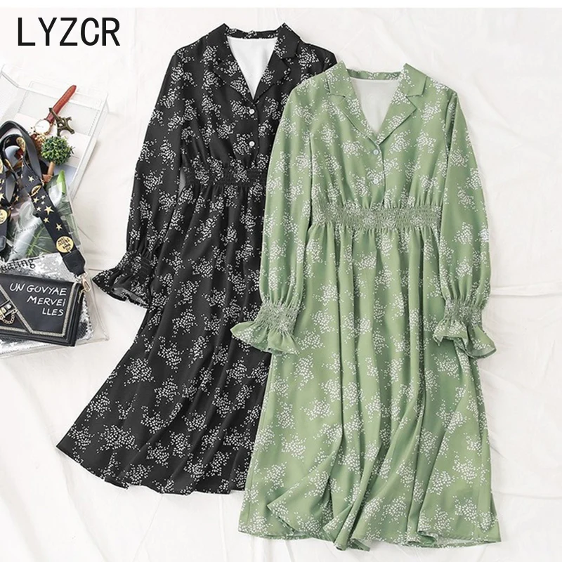 LYZCR Spring Ladies Chiffon Floral Print Dresses Plus Size Midi Women Dress Long Sleeve Elegant V Neck | Женская одежда