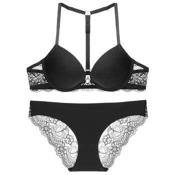 

Europe and the United States Small Chest Popped Gather Black Thick Cup Bra-Buttoned Y Beauty Back Sexy Lace Underwear Set