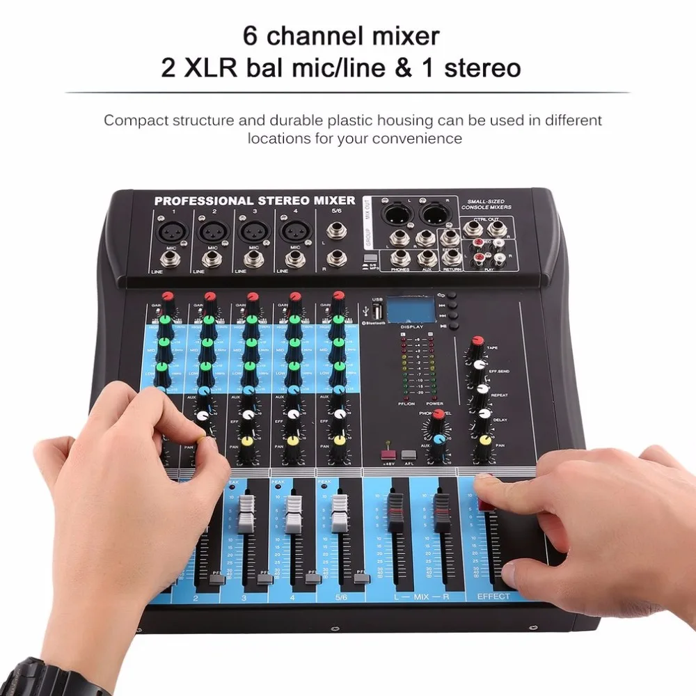 CT6 6 Channel Professional Stereo Mixer Live Audio Sound Console Vocal Effect Processor with 4-CH Mono& 2-CH Stereo Input