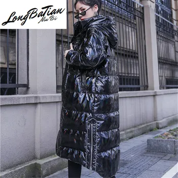 

Winter Jacket Woman Long Fashion Glossy Black Hooded Down Padded Coat 2020 Loose Outerwear Thick Warm Parkas Female Streetwear