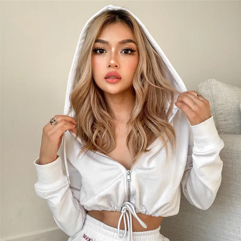 

Streetwear Solid Color Crop Top Women Clothing Long Sleeve Zipper Hooded Hoodies Jacket Womens Hip Hop Cropped Sweatshirts