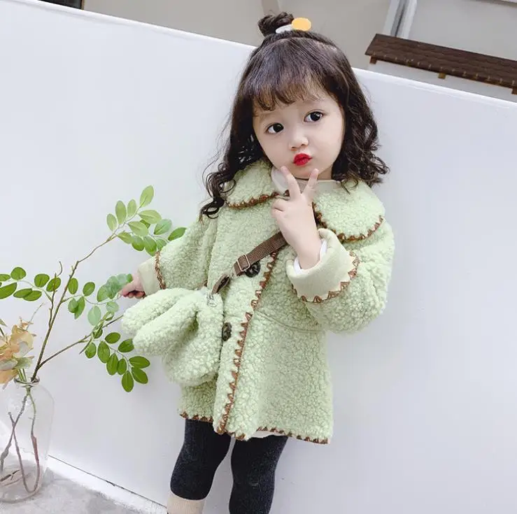 Medium and small children's lambskin blouse with bag winter new girls wool sweater coat Lapel long sleeve warm clothes
