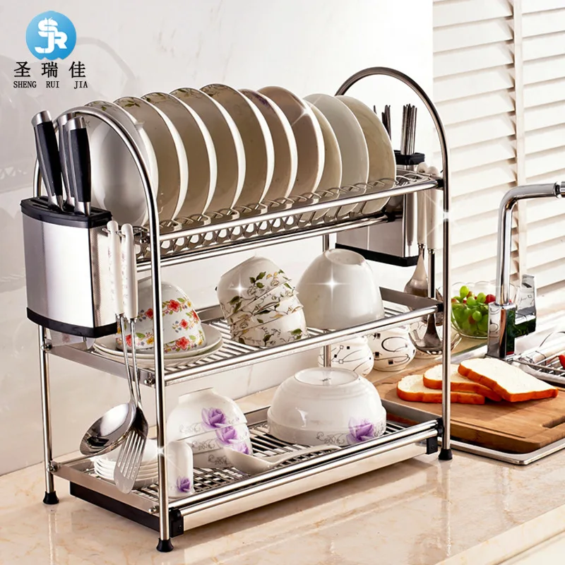 

Shengruijia Manufacturers Direct Selling 304 Stainless Steel Delicacy Kitchen Shelves Tableware Storage Water Draining Dish Rack