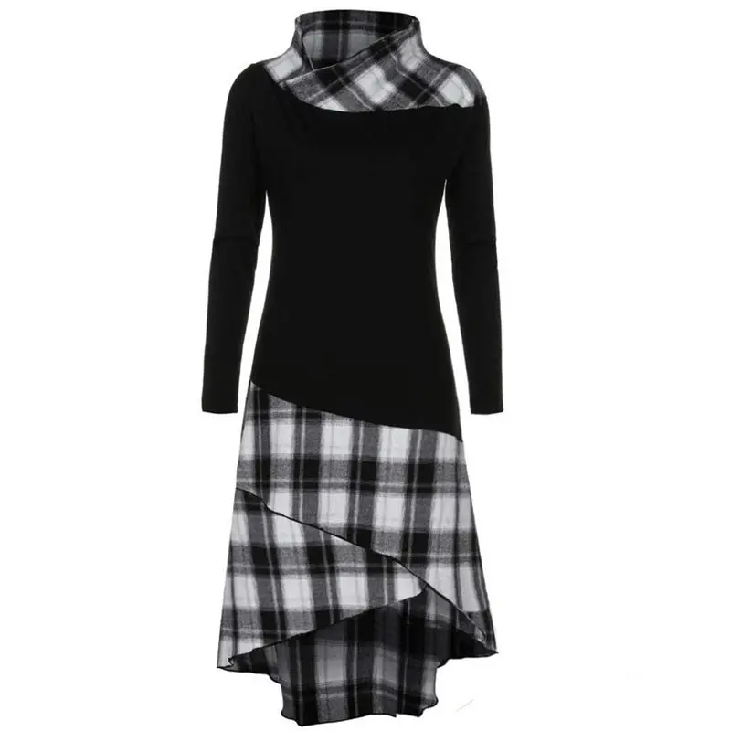

Women Autumn Plaid Dress Gothic Vintage Winter Patchwork Stand Collar Long Sleeve Casual Dress Streetwear Plus Size 4XL 5XL