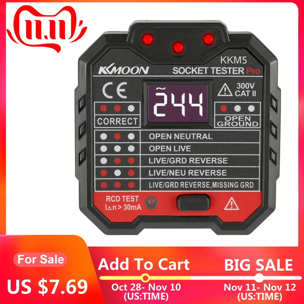 

KKmoon KKM5 Mini Digital Socket Detector Power Socket Wiring Detection Wall Plug Breaker Finder RCD Test Socket Tester EU/UK/US