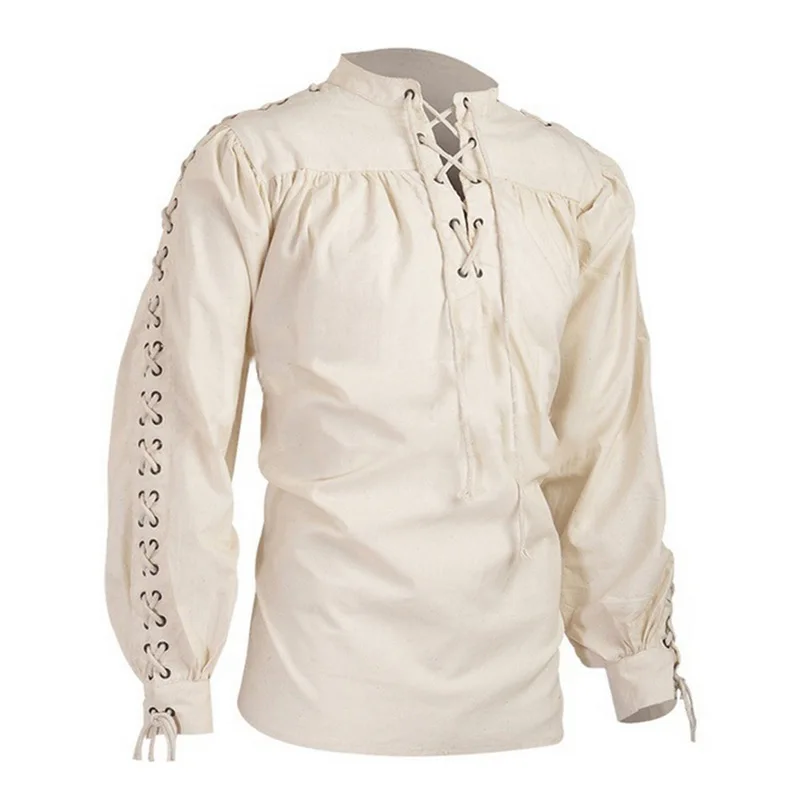 CYSINCOS мужские топы, винтажная рубашка, Средневековая готическая рубашка, однотонный пуловер с длинными рукавами, плиссированные топы Viking Renaissance - Цвет: Apricot