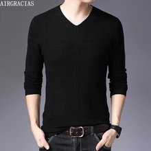 AIRGRACIAS 2019 Autumn Casual Men Sweater V-Neck Plaid Slim Fit Knittwear Mens Sweaters Pullovers Pullover Men Pull Homme M-4XL