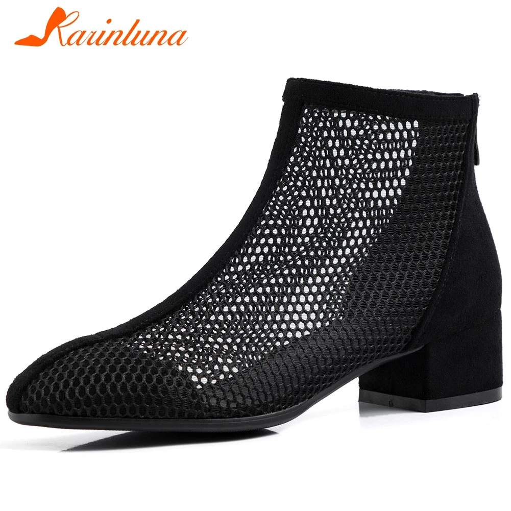 

KARINLUNA Ins Hot New Female Square Heel Fashion Casual Boots Hollowing Zipper Pointed Toe Boots Women Summer Shoes Woman