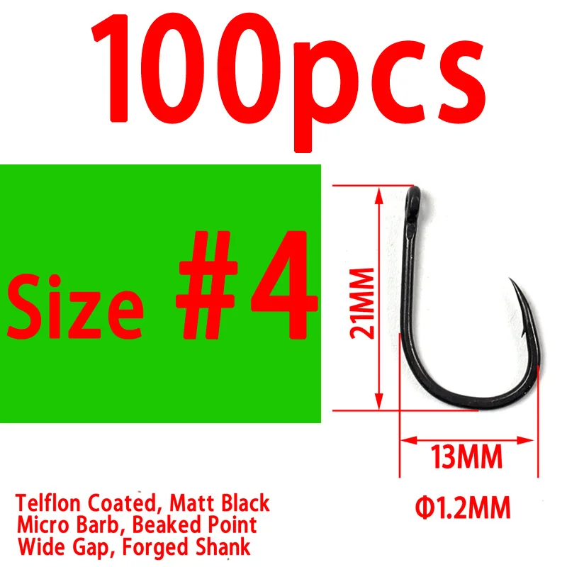 100pcs size 4 Bimoo 100 шт. тефлоновые с покрытием, заостренные точки, широкий зазор, крючки для карпа, крючки из высокоуглеродистой стали для ловли карпа, прочные рыболовные крючки, матовые черные - Цвет: 100pcs size 4