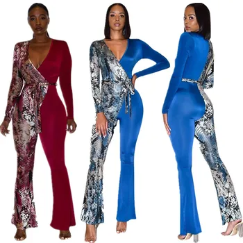 

Autumn New Jumpsuits for Women Sexy V-neck Snake Serpentine Print Jumpsuit Fashion Stitching Lace Up Strap Plus Size Jumpsuit