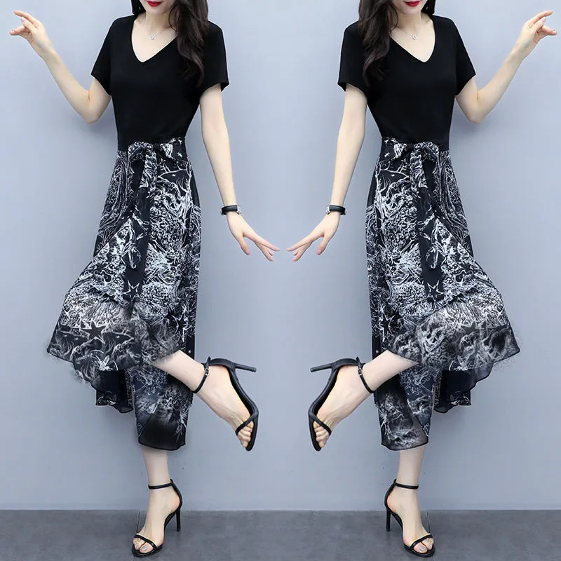 

S-3XL Plus Size Women Fashion Bohemia Print Chiffon Knee Length Dress Summer 2020 Natural Elegant Short Sleeve A-Line Dresses