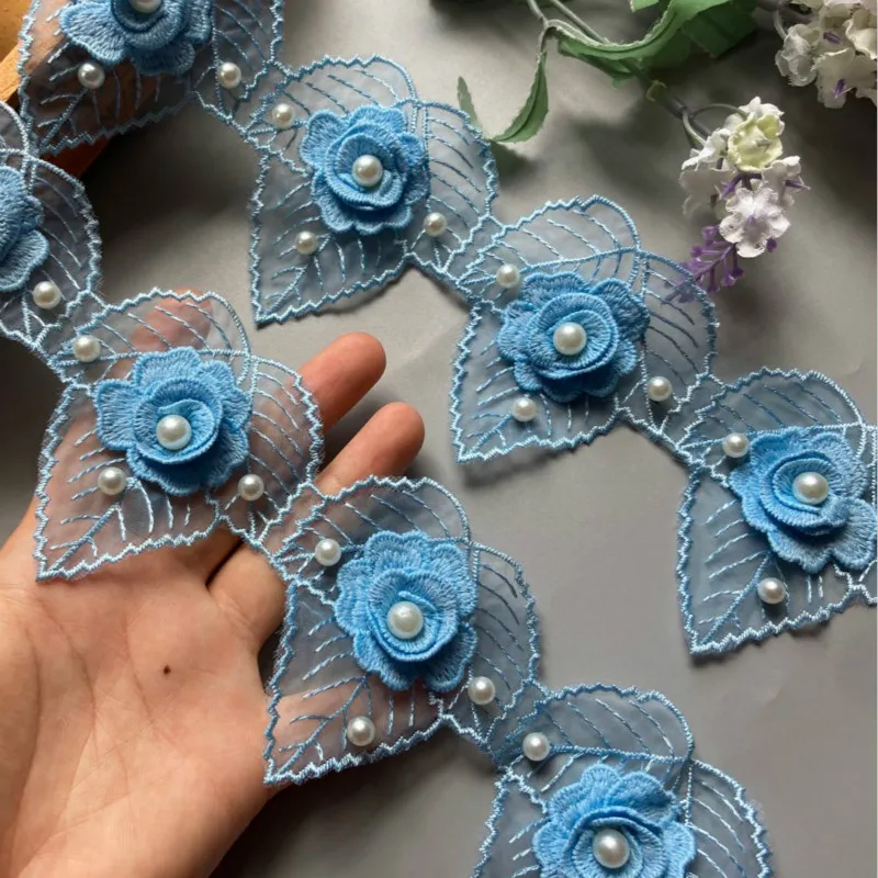 

10X Blue 7*8cm 3D Heart Pearl Flower Lace Trim Embroidered Lace Ribbon Handmade Wedding Dress Patchwork Sewing Supplies Craft