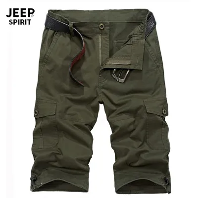 JEEP SPIRIT Cargo короткие мужские летние мужские короткие Masculino с несколькими карманами средней талии до колена Короткие hombre Без ремня - Цвет: Армейский зеленый