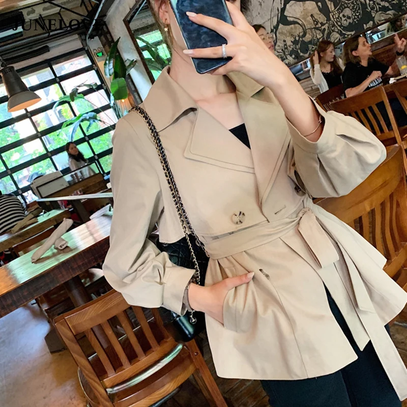 

JuneLove Autumn Women Sashes Vintage Jacket OL Turn-down Collar Double Breasted Outwear Casual Female Lantern Sleeve Jackets