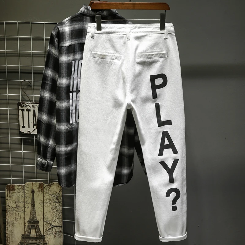 60% OFF 2020 New Man Printed Jeans White Regular Men Designer Blak Letter Denim Harem Pants Male StreetWear Quatliy Amazing Trousers
