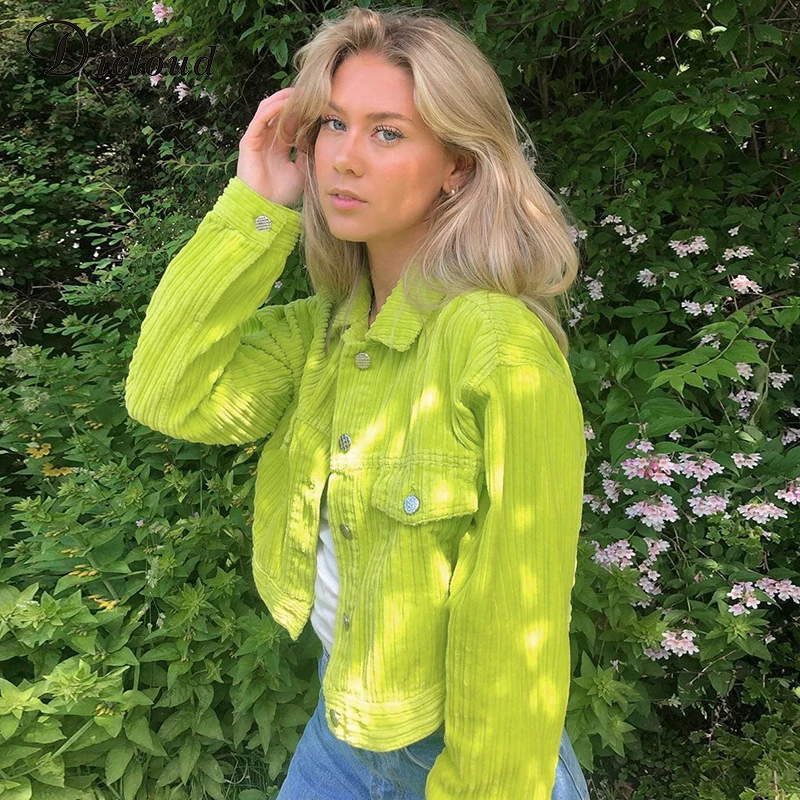 

DICLOUD Women Winter Neon Corduroy Jacket Women Long Sleeve Turn Down Collar Short Coats Autumn Winter Fashion Streetwear Female