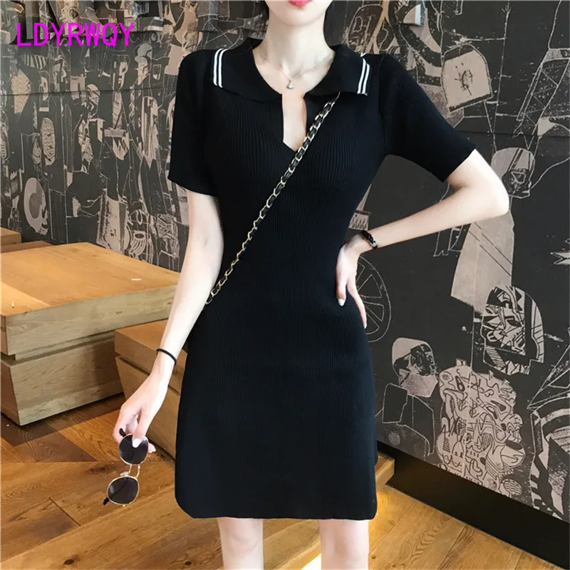 

[LDYRWQY] Spring / Summer 2020 New Retro Casual Little Black Polo Collar Short Sleeve Knit Jumpsuit Women