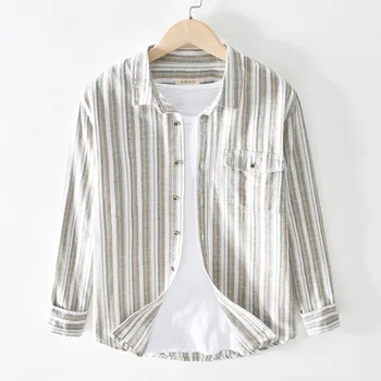 

2020 Men Spring Fresh Yarn Dyed Cotton Linen Stripes Long-sleeved Shirt Youth Square Collar Pocket Loose-Fit Shirt Fashion