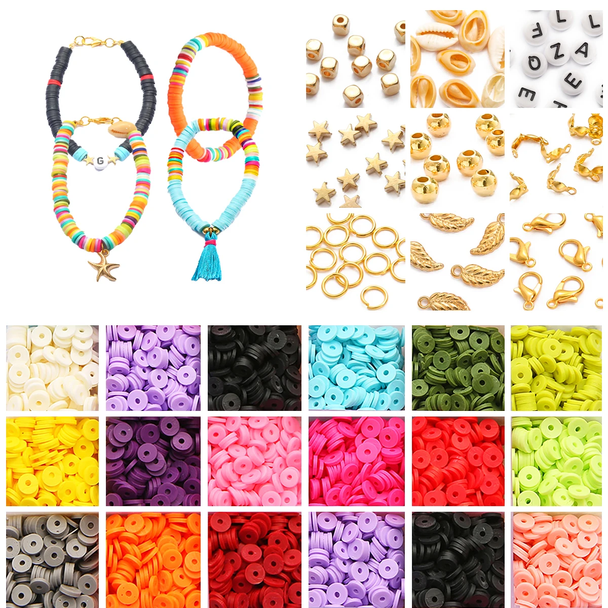 Flat Round Polymer Clay Spacer Beads Kit Charms Elastic String Lobster Clasp Box for Jewelry Making DIY Bracelets Earring Set