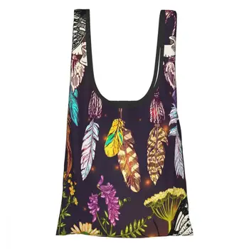 

Wild Flowers And Dreamcatcher Boho Style Eco Shopping Bag Fashion Foldable Reusable Tote Folding Pouch Convenient Storage Bag