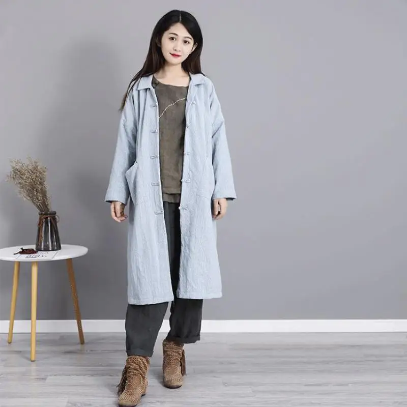 Johnature Cotton Linen Turn-down Collar Autumn Winter Jacquard Long Coat New Casual Fashion Single Breasted Women Windswear