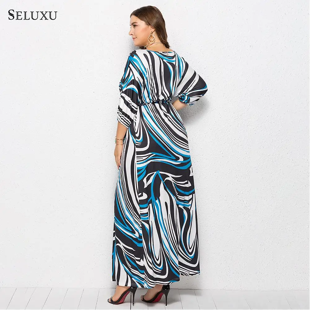 Seluxu осеннее Новое Женское платье большого размера vestidos женское платье с поясом и высокой талией платье в полоску большого размера женское платье