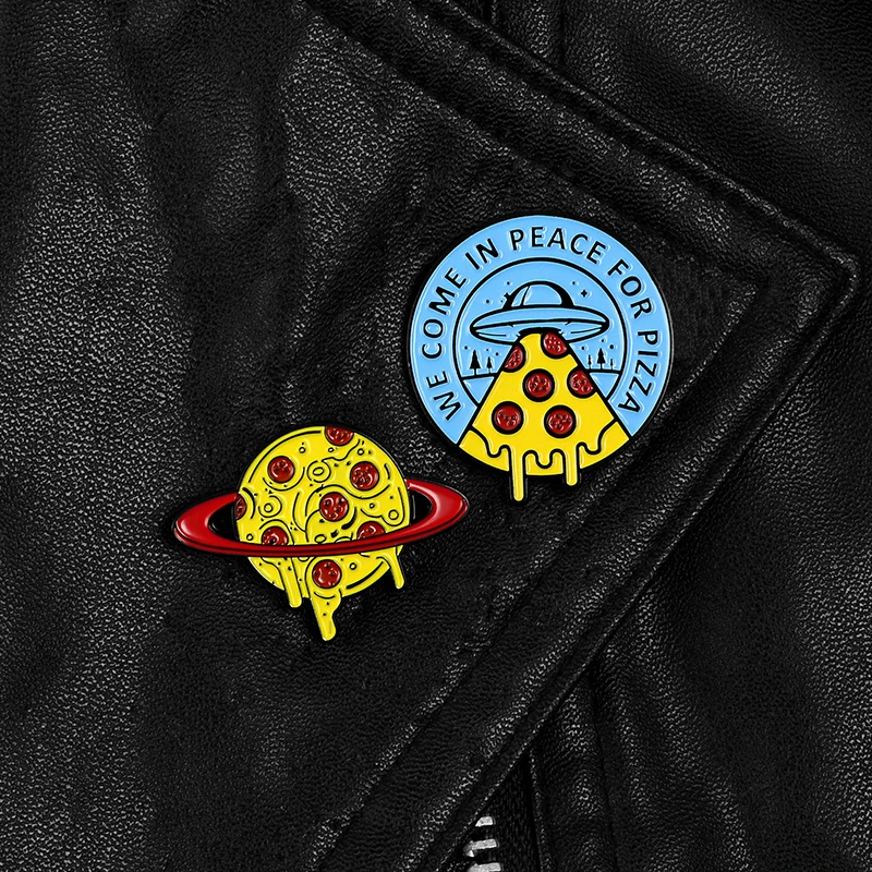 Мультфильм еда Пицца планета эмаль брошь НЛО и инопланетяне "мы в мире для пиццы" креативный значок подарки для детей