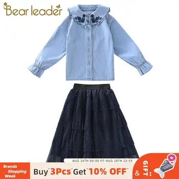 

Bear Leader Children Girls Clothing Sets 2PCS Jeans Open Stitch Blouses and Solid Mesh Dress Teenagers Casual Princess Outfits
