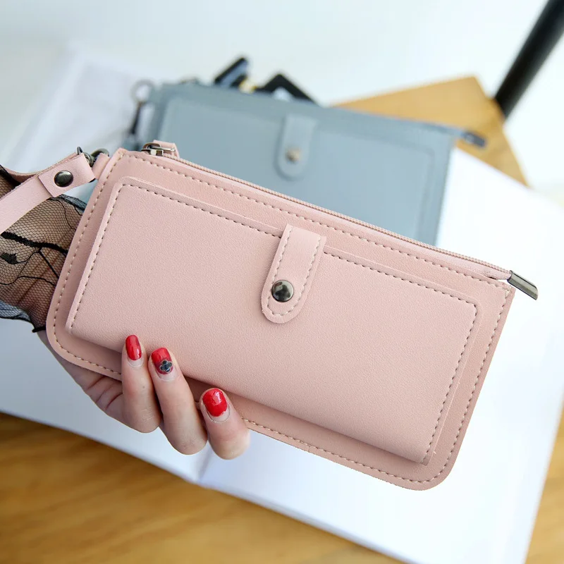 Ougger Long Women's Zipper Wallet Big Leather Wallets Clip PU Vintage Classic Coin Purse with Strap for Cards and Money