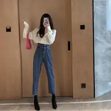 Осень Ретро мода темперамент Высокая талия джинсы Nine брюки