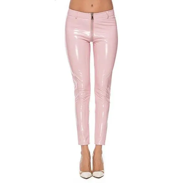 Pink leggings Женские леггинсы из ПВХ на молнии в стиле панк Рок диско, сексуальные блестящие кожаные леггинсы размера плюс,, латексные обтягивающие черные брюки-карандаш - Цвет: Pink leggings