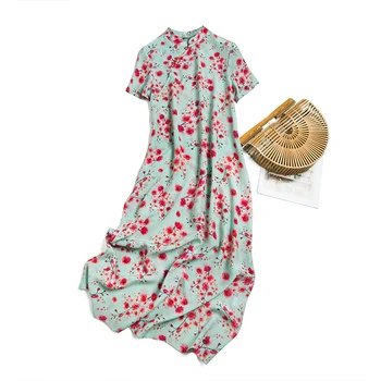 

Print Chinese Style Dress Mid-Calf Stand Collar Ropa Mujer Verano 2020 Vestidos De Salir Real Silk Lady Long Dresses for Summer