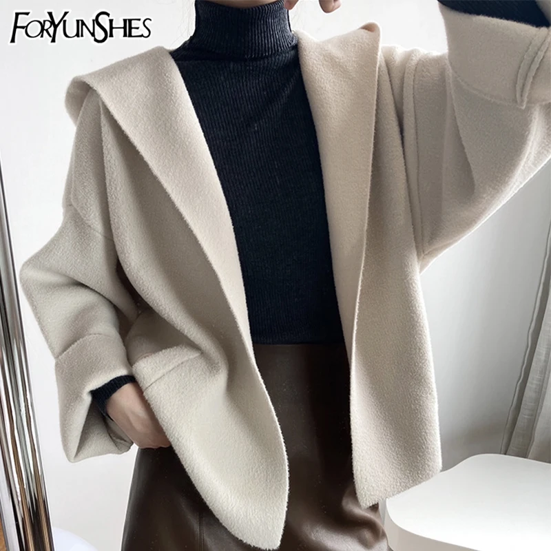 

FORYUNSHES Women Hooded Knitted Sweater 2020 Autumn Winter Female Casual Loose New Short Beige Cashmere Cardigan Jacket