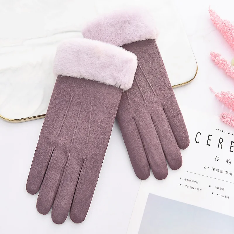 Purple LONSY зимние женские модные теплые замшевые перчатки женские наручные Варежки перчатки для лыжного вождения Guantes Invierno - Цвет: Purple