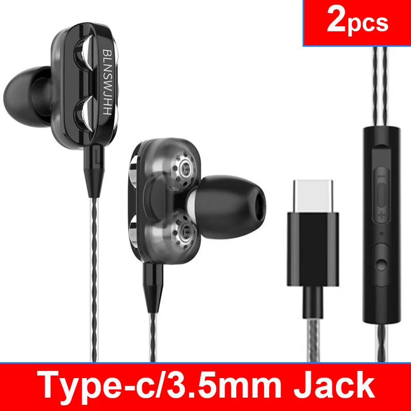 2 шт. 3 5 мм Тип C наушники с микрофоном двойной драйвер гарнитура auriculares fone de ouvido для
