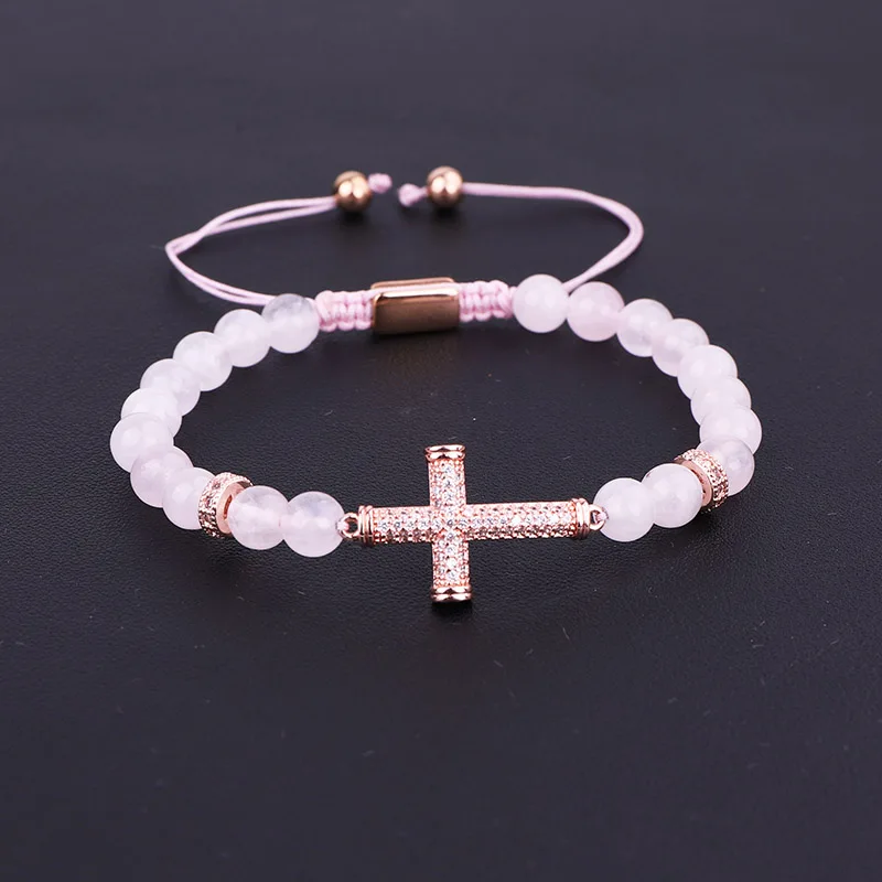 Fashion New Design Women Bracelet CZ Pave Cross Charm Natural Stone Braided Beads Bracelet Women Lady
