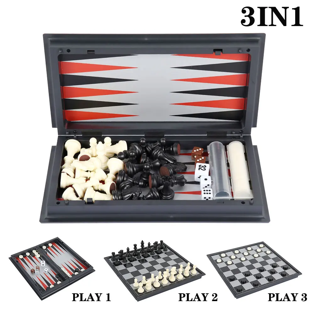 

3 In 1 Magnetic Chess Backgammon Checkers Set Folding Chess Portable International Chess Board Game for Kids Toys Funny Gift