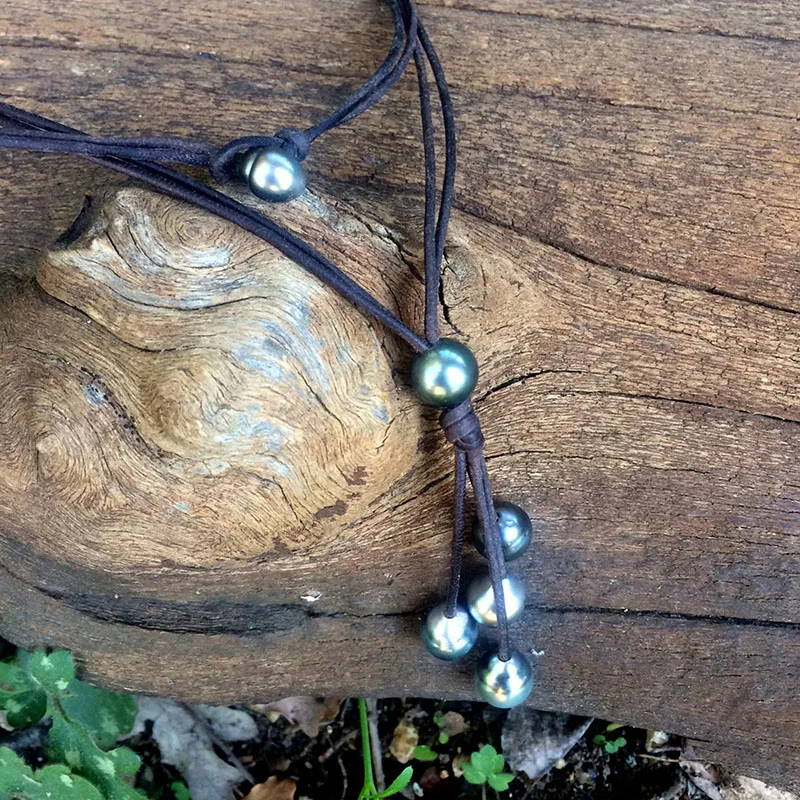 

Tahitian pearls on leather long women's necklace pearls and leather knotted necklace,