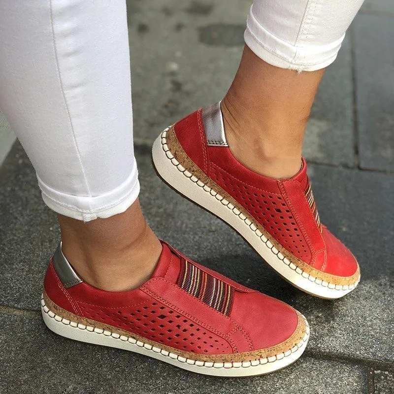 

2019 Women Shoes Hollow Out Hand-stitched Striped Breathable Elastic Band Retro Casual Flat Suitable for Wide Leg Women Sneaker