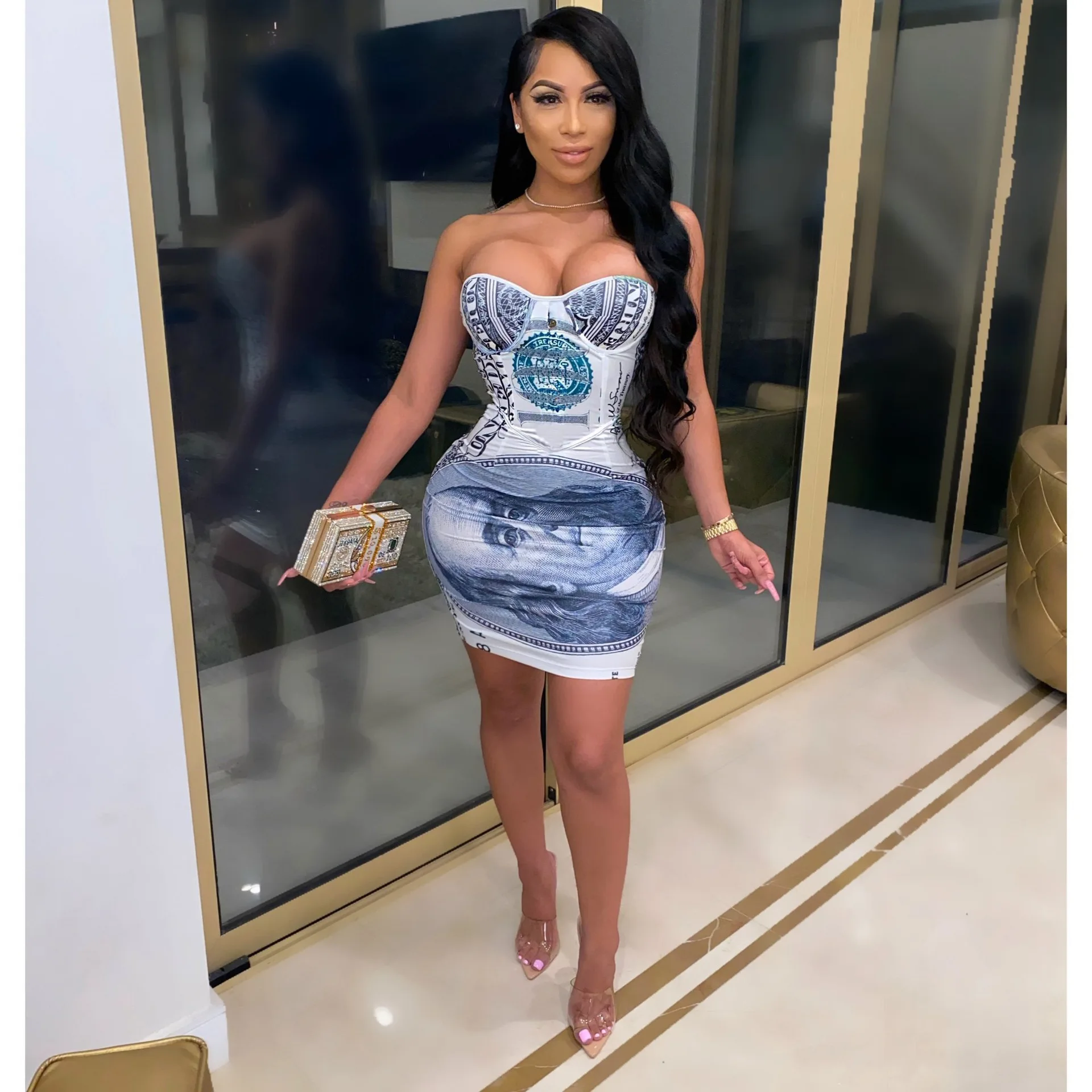 

Women Off The Shoulder Mini Dress Sexy US Money Dollar Print Slim Skinny Dresses Autumn New Sleeveless Backless Club Party Dress