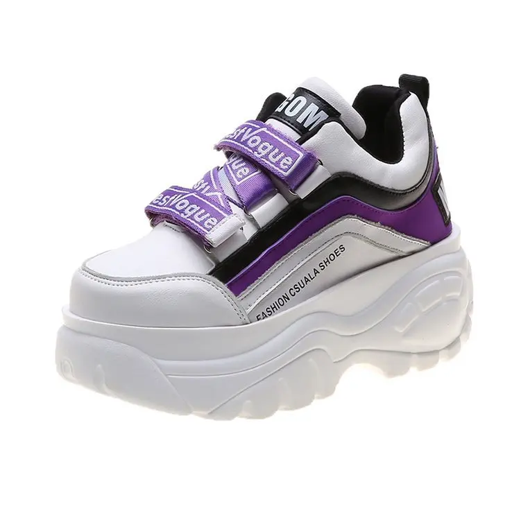 Fujin/женские кроссовки с пряжкой; Женская дышащая повседневная обувь на платформе; сезон весна-осень; модные кроссовки на толстой подошве - Цвет: Фиолетовый