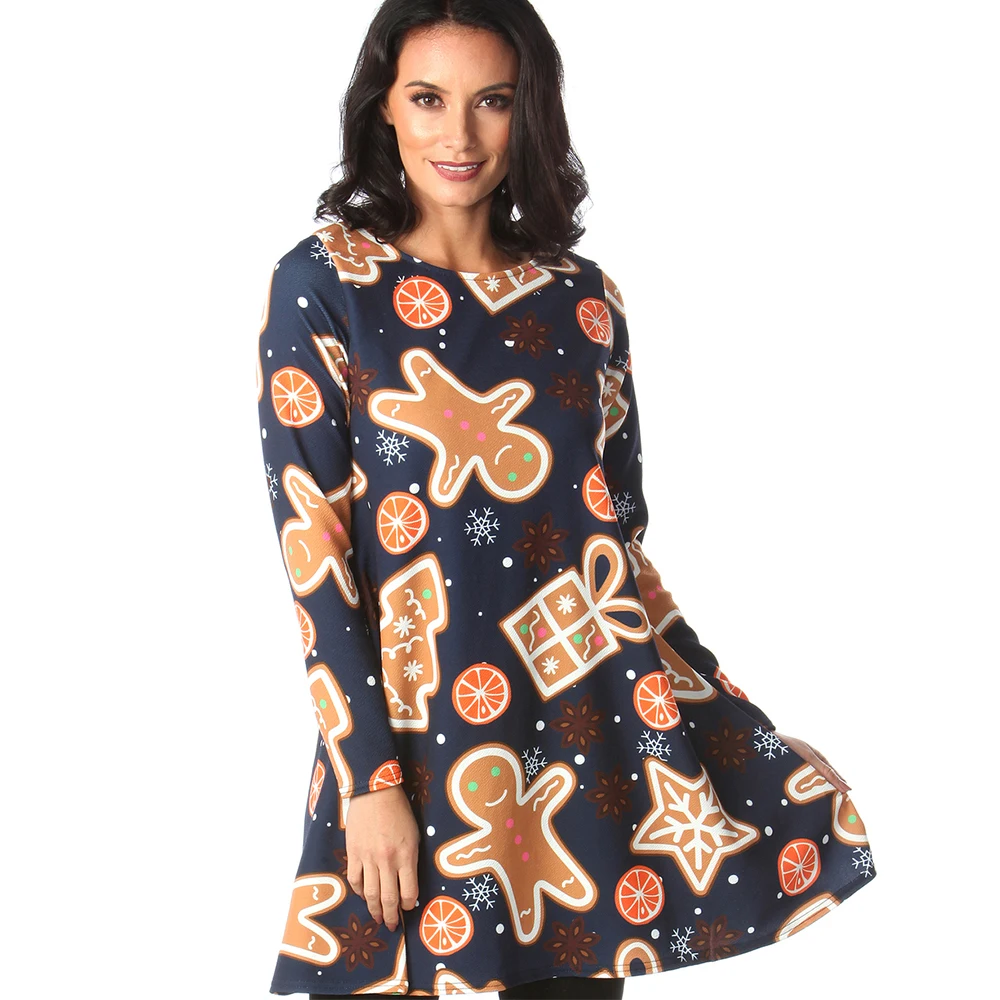 S-5XL Plus Size Print Long Sleeve Christmas Dress New Year' s Autumn Women Casual Cartoon Printed Loose Party Dress Vestidos