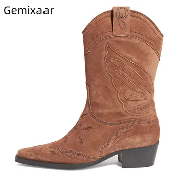 

Brown Suede Boots Women Elegant Square Toe Med Square Heel Party Bottes Fashion Sewing Chelsea Botas Mid-Calf Boots Woman 35-42