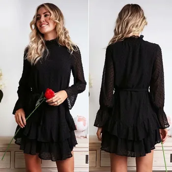 

BGW 31625ht Tiered Cocktail Dresses Long Sleeves Chiffon High Neck A Line Mini Vestidos Para Coctel 2020 With Sashes