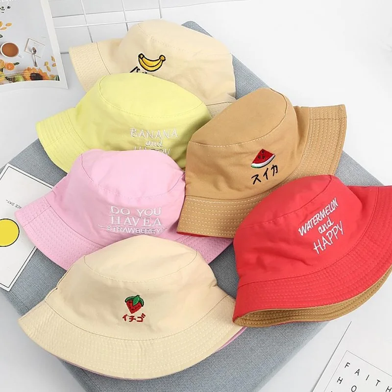 Горячие фрукты вышивка двухсторонние шляпы Лето корейский Стиль Мода Повседневная Панама шляпа Рыбацкая шляпа