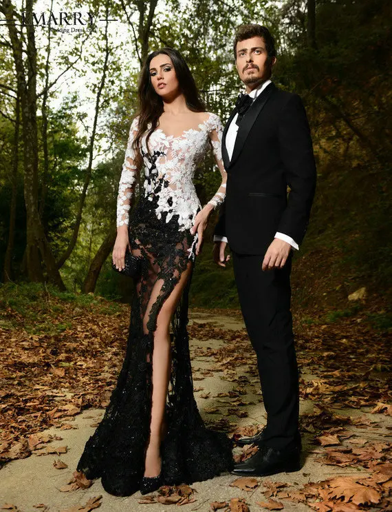 

2015 Sexy Rami Salamoun Full Lace Evening Dresses V-Neck Long Sleeve Prom Gowns Elegant Side Slit Long Party Dresses XXY262