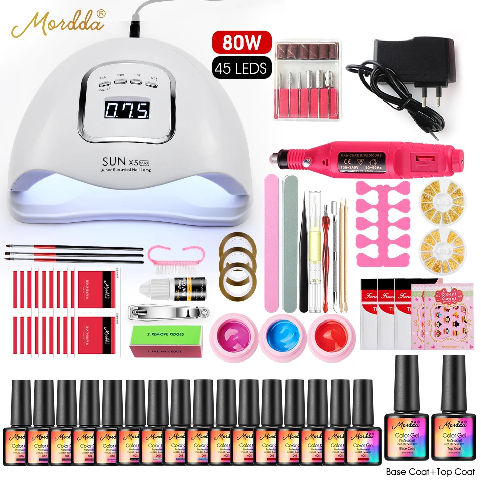 Billig MORDDA Maniküre Set Soak Off Gel Nagellack Kits UV Led Lampe Elektrische Nagel Bohrer Für Den Heimgebrauch Griff Nagel kunst Design Werkzeuge Set